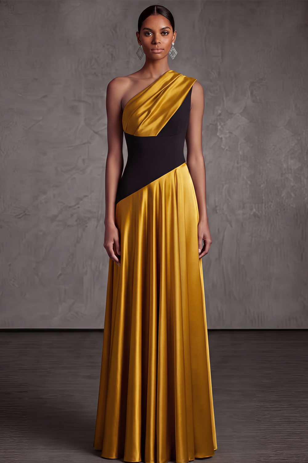 Golden A-Line Formal Evening Dress One Shoulder Satin Maxi Dress