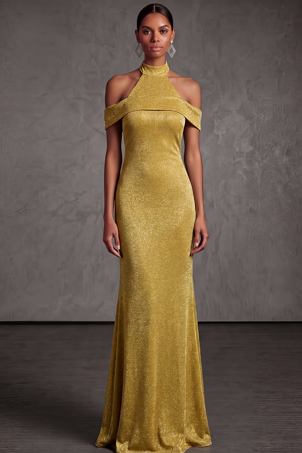 Golden Formal Evening Dress Cold Shoulder Mermaid Maxi Dress 