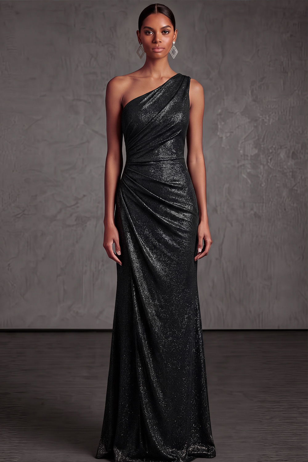 Black Formal Evening Dress One Shoulder Ruched Maxi Dress 