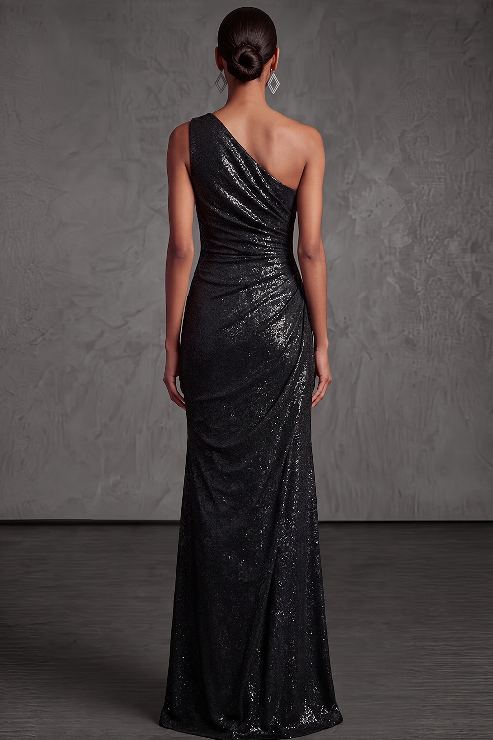 Black Formal Evening Dress One Shoulder Ruched Maxi Dress 