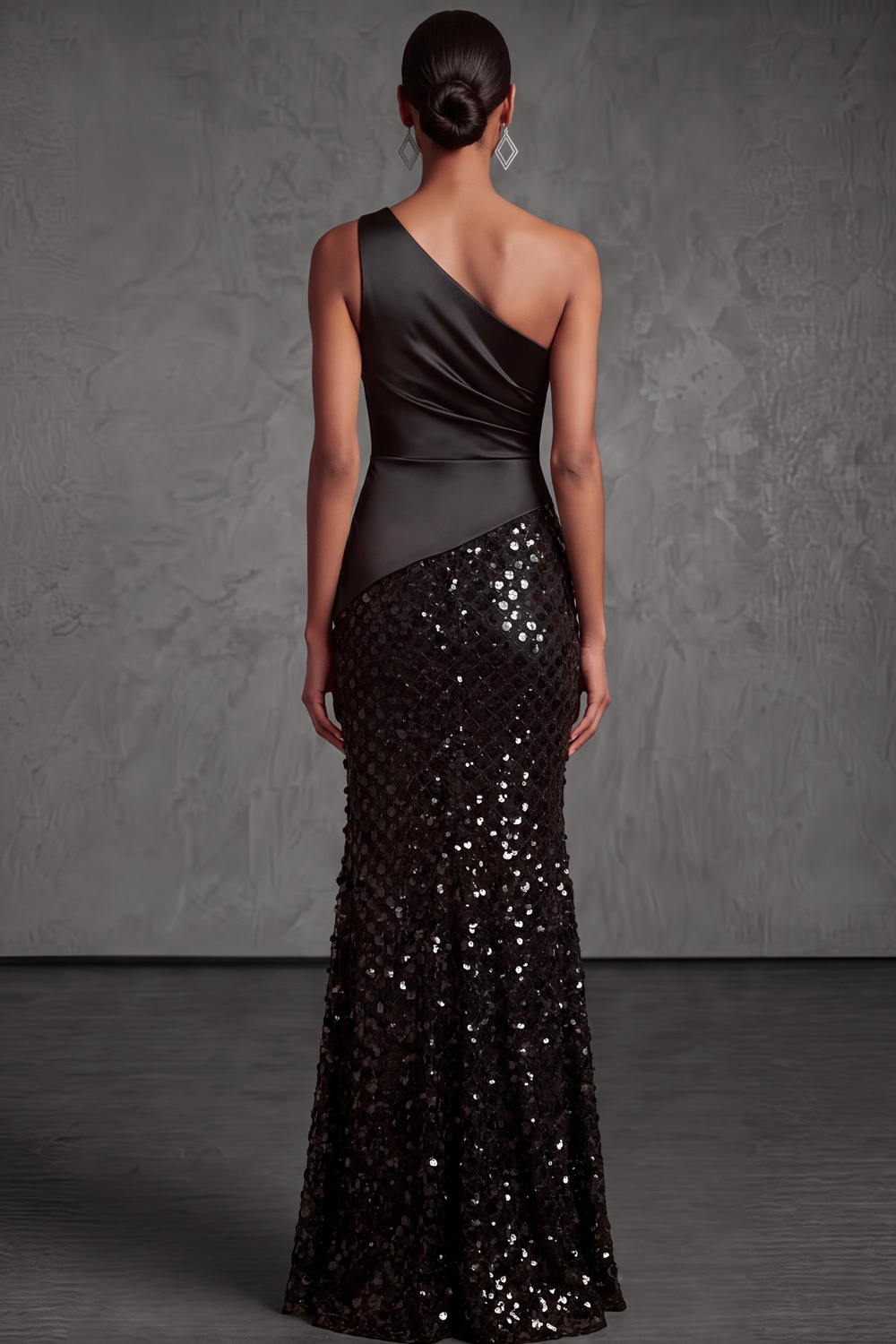 Black Formal Evening Dress One Shoulder Mermaid Maxi Dress with Sequin