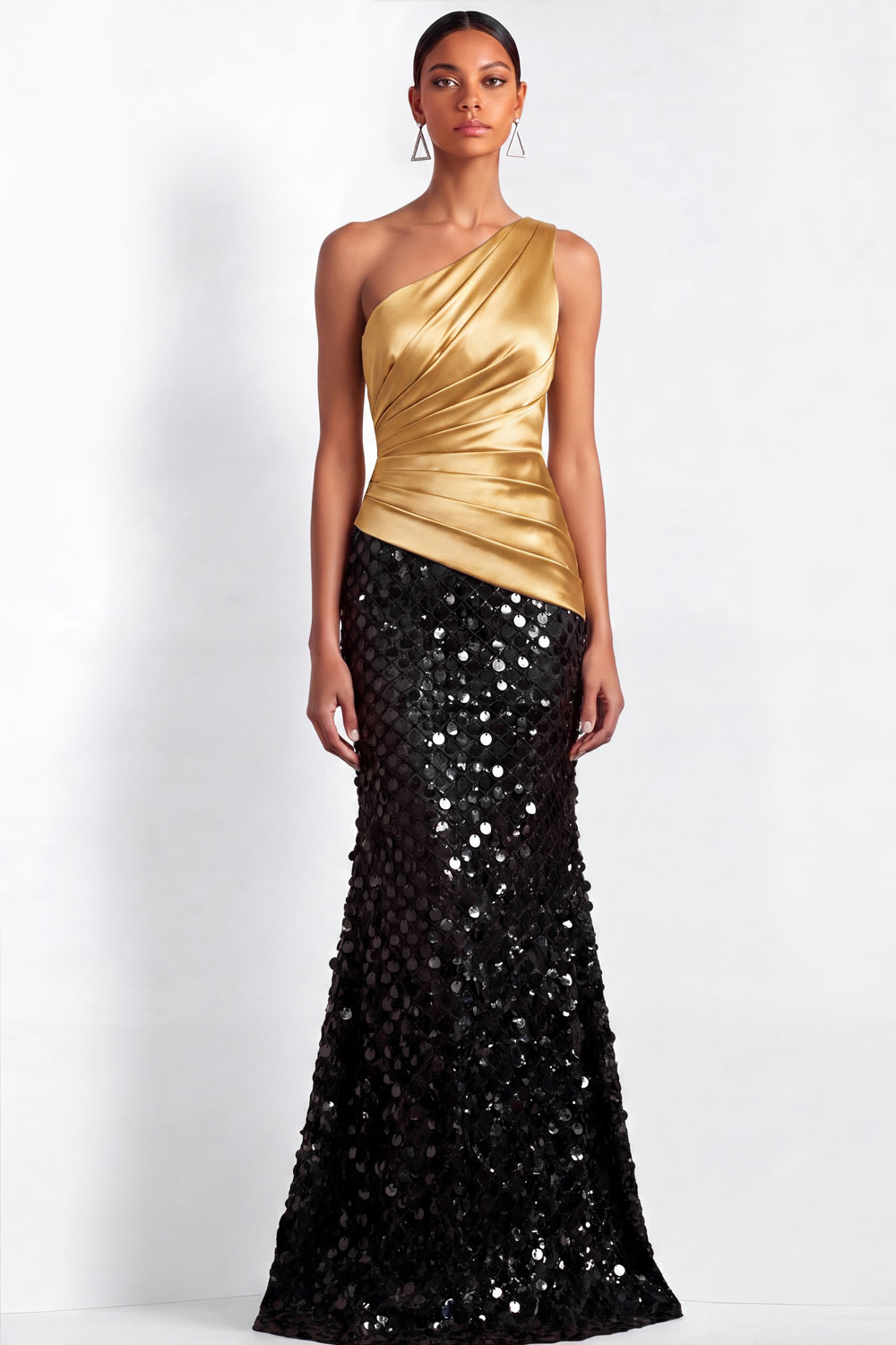 Black Formal Evening Dress One Shoulder Mermaid Maxi Dress with Sequin-chiclody