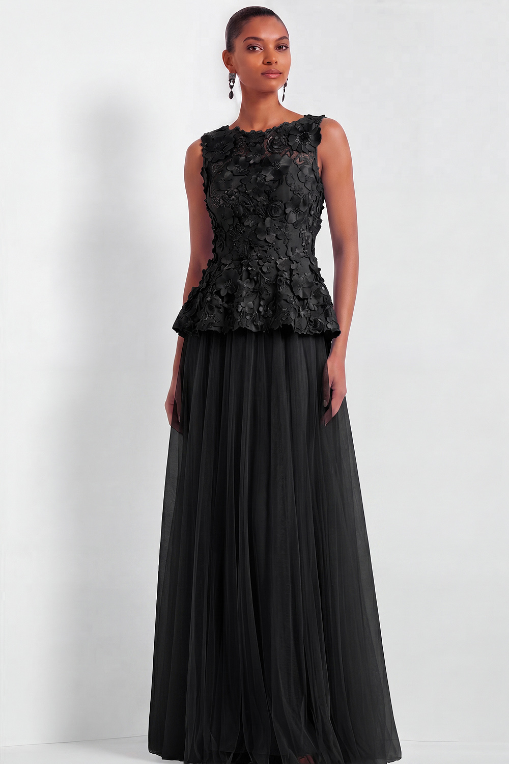 Light Blue Formal Dress Crew Neck Tulle Maxi Dress with Applique