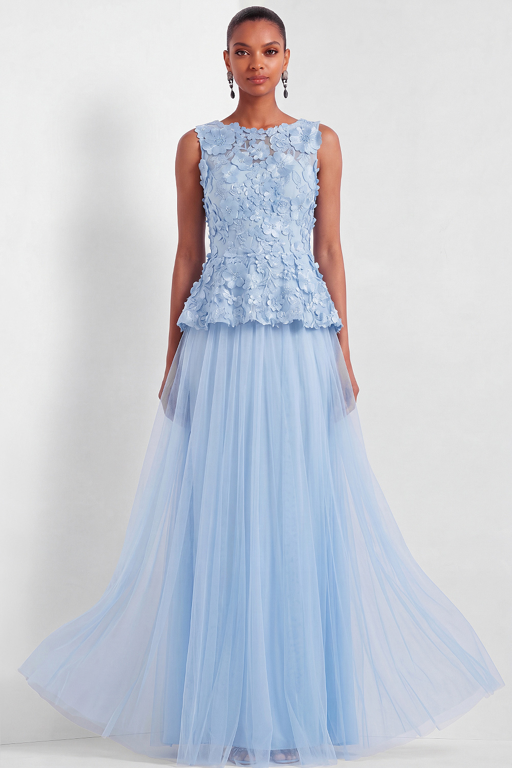 Light Blue Formal Dress Crew Neck Tulle Maxi Dress with Applique