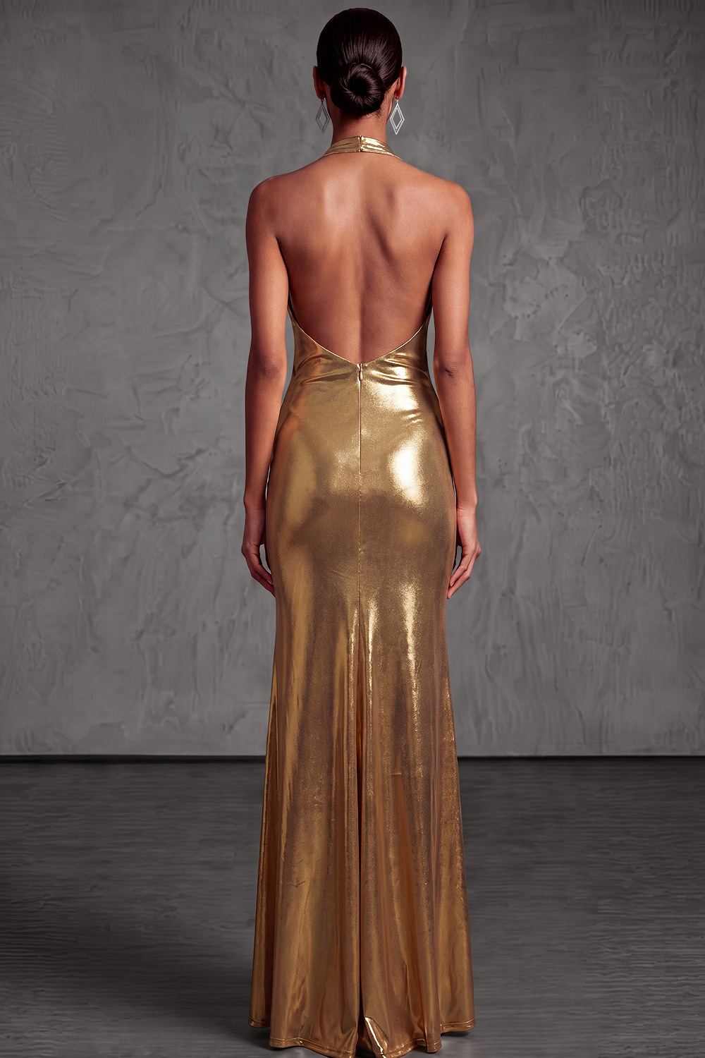 Golden Mermaid Formal Evening Dress Halter Metallic Satin Maxi Dress 
