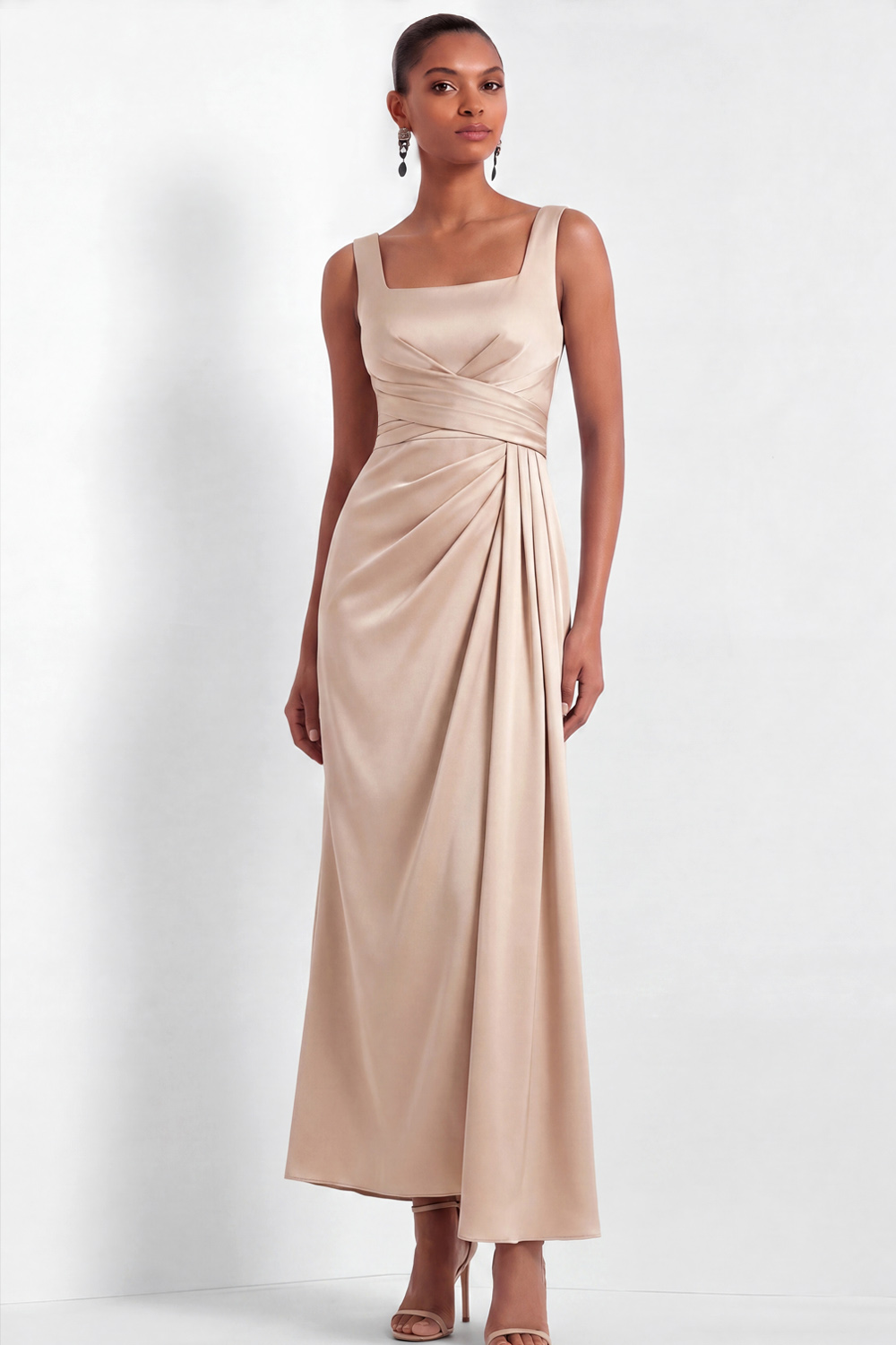 Champagne Work Dress Sheath Wide Straps Ruched Satin Maxi Dress 