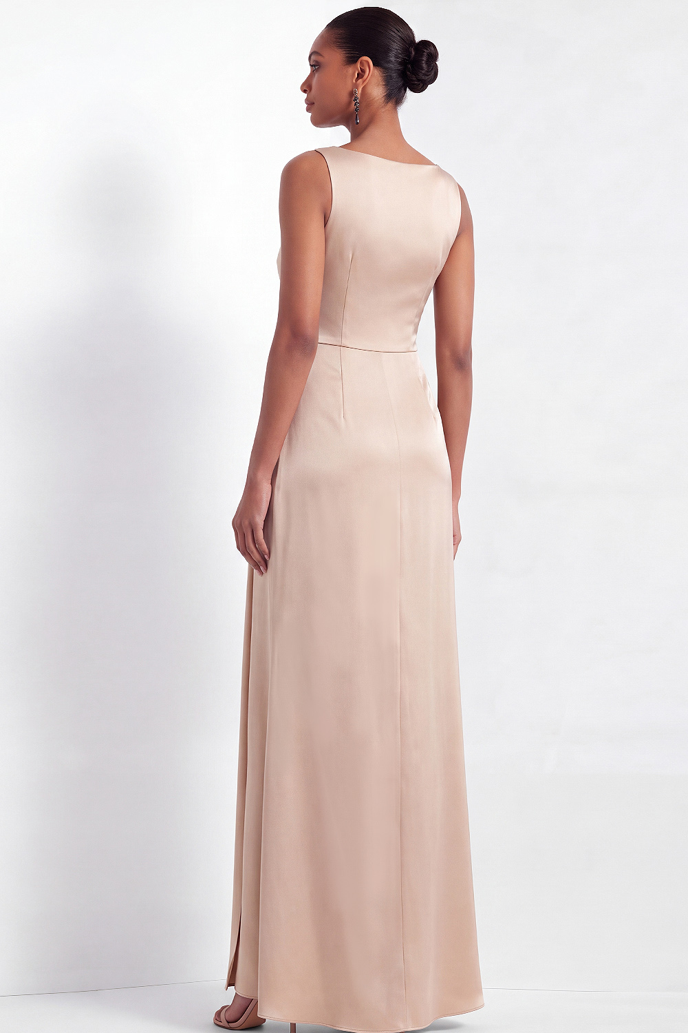 Champagne Work Dress Sheath Wide Straps Ruched Satin Maxi Dress 