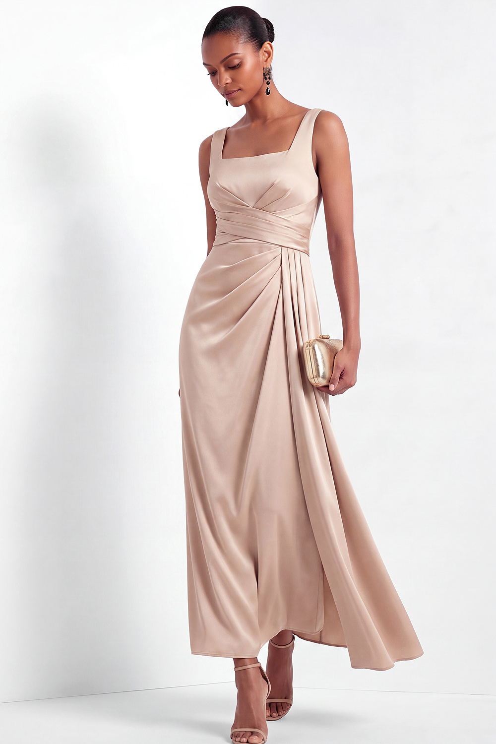 Champagne Work Dress Sheath Wide Straps Ruched Satin Maxi Dress 