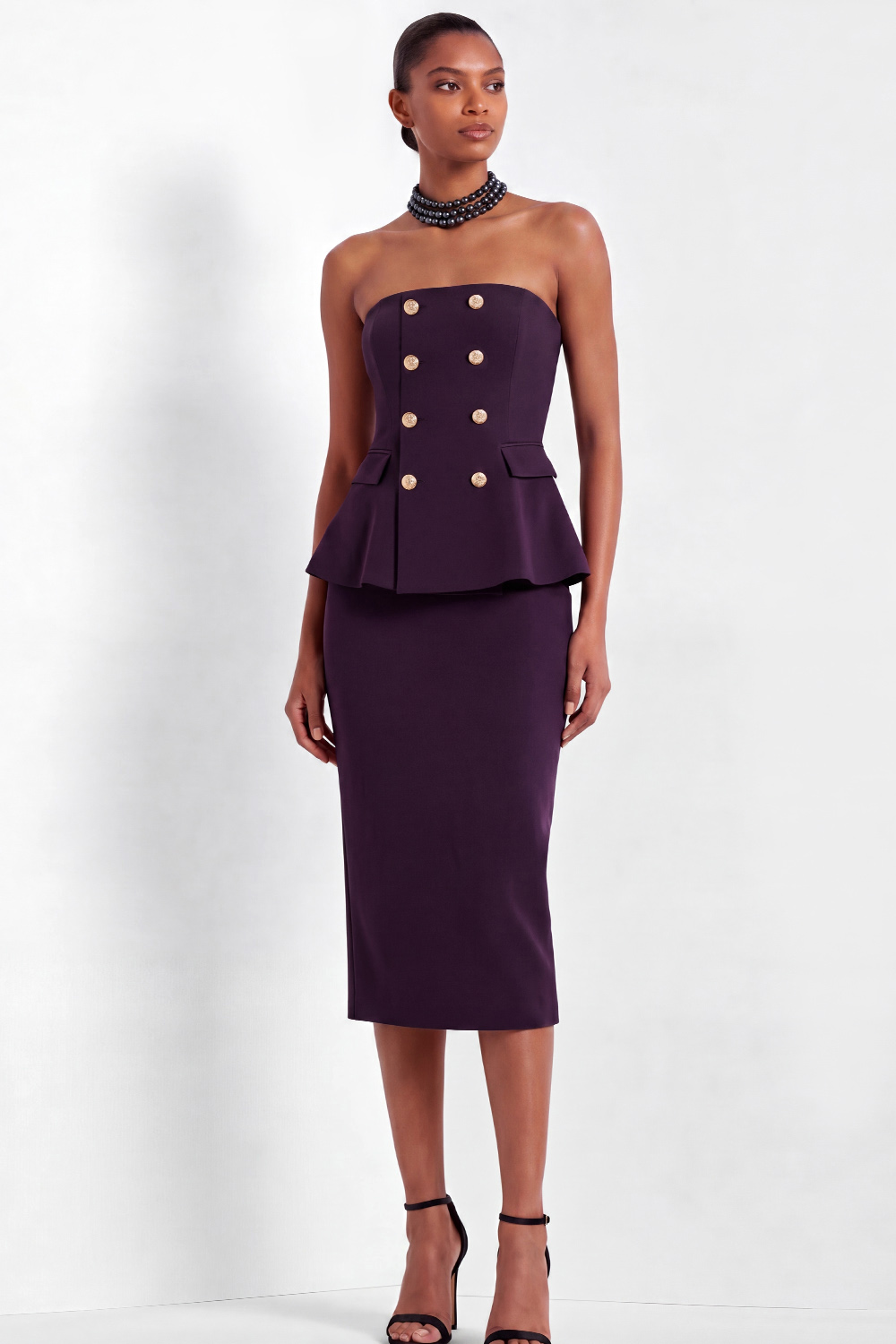 Dark Purple Formal Suit Sets Strapless Midi Skirts Set