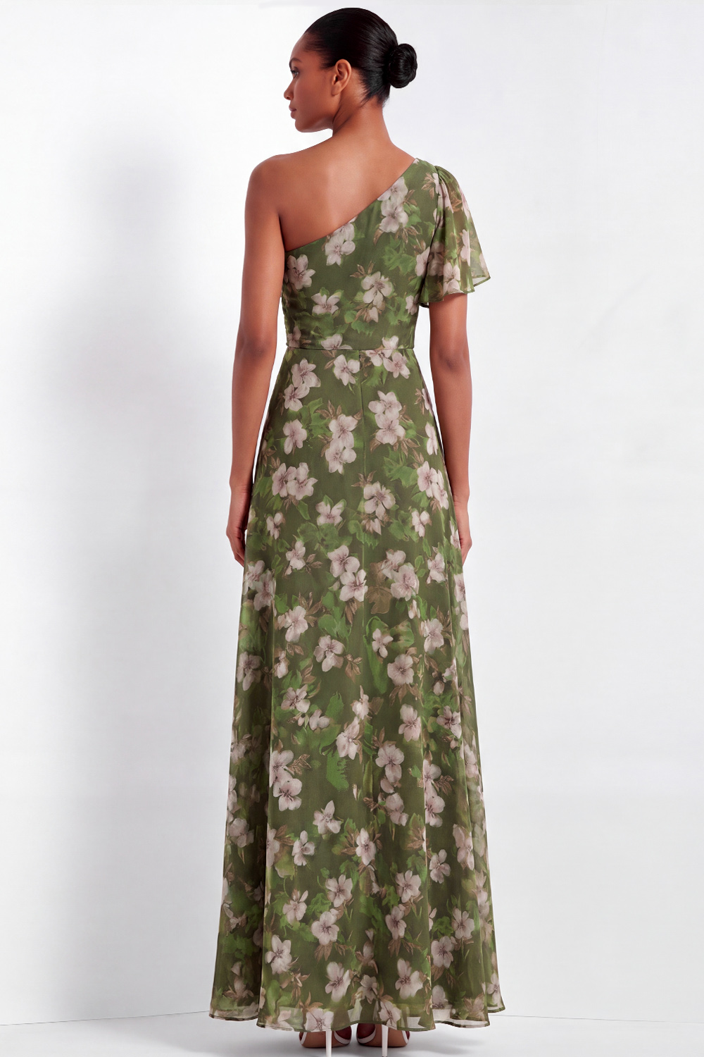 Olive Floral Wedding Guest Dress One Shoulder A-Line Maxi Dress 