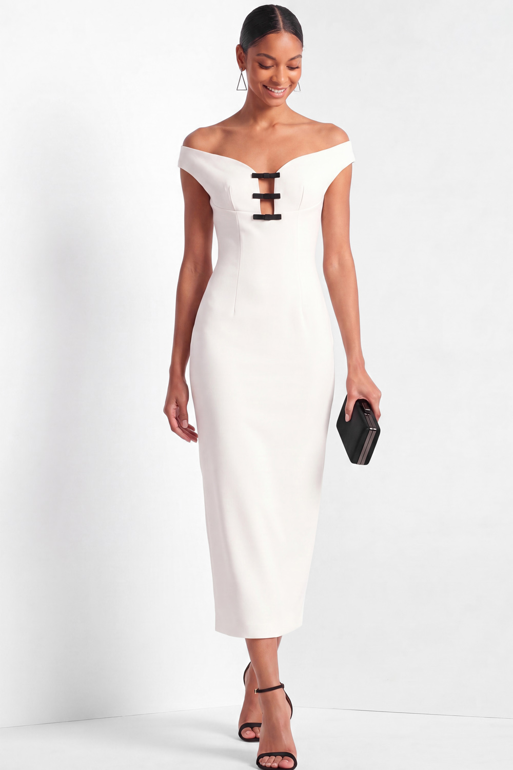 White Work Dress Bodycon Off the Shoulder Midi Dress with Slit