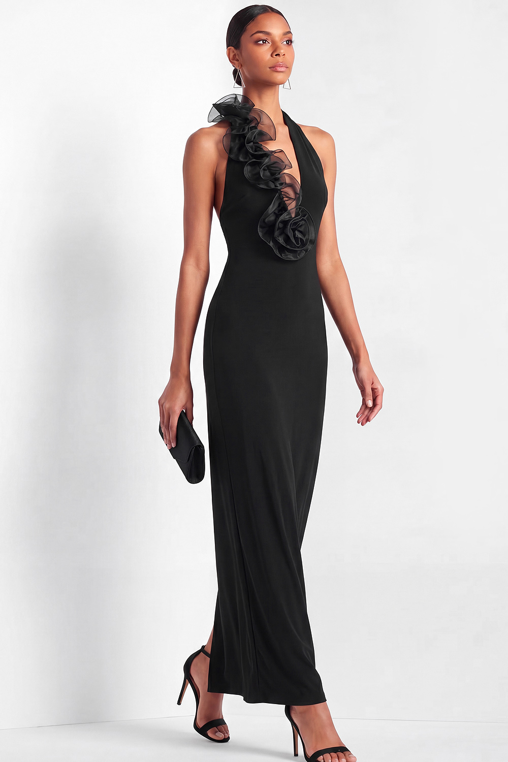 Black Formal Evening Dress Sheath Halter Maxi Dress with Ruffle