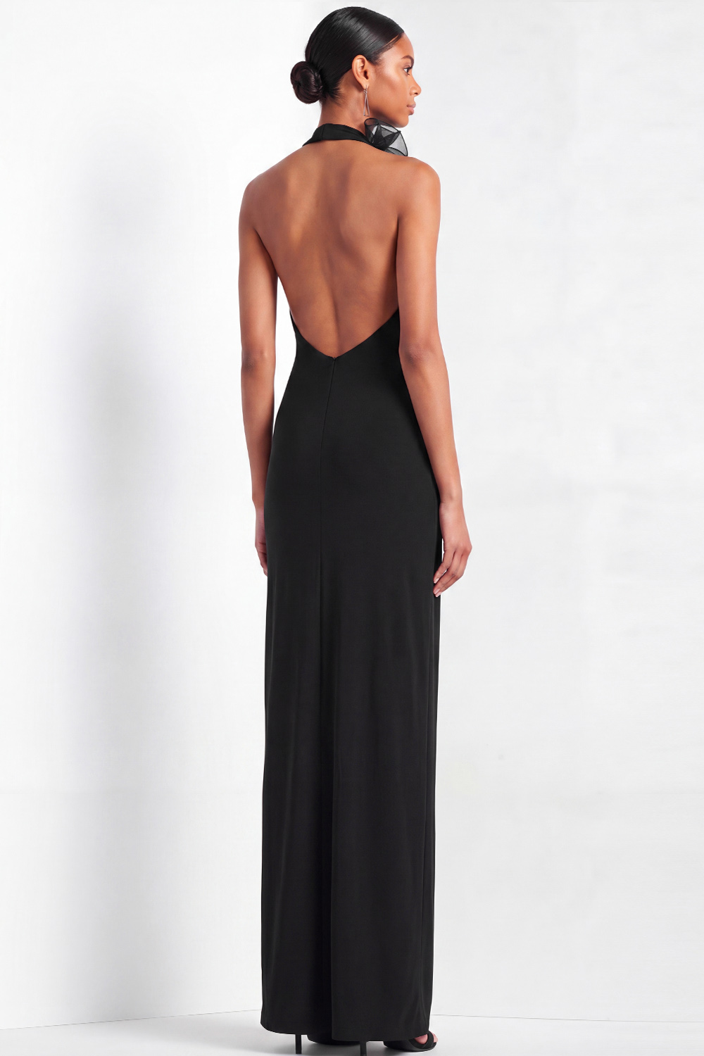 Black Formal Evening Dress Sheath Halter Maxi Dress with Ruffle