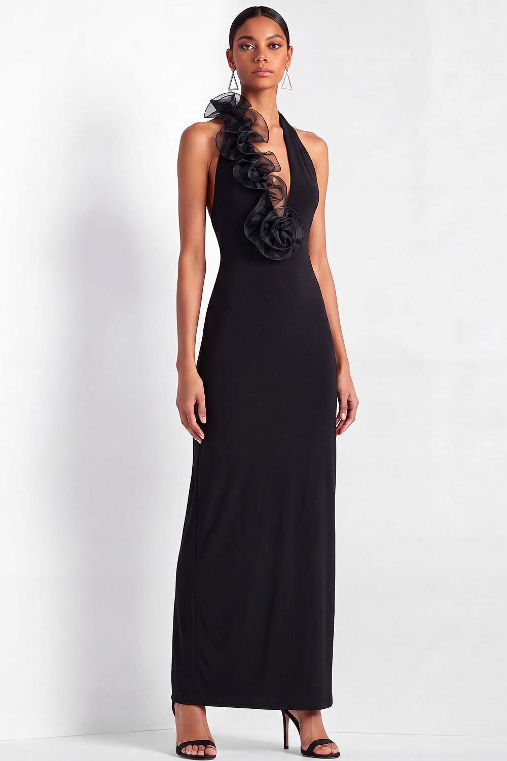 Black Formal Evening Dress Sheath Halter Maxi Dress with Ruffle