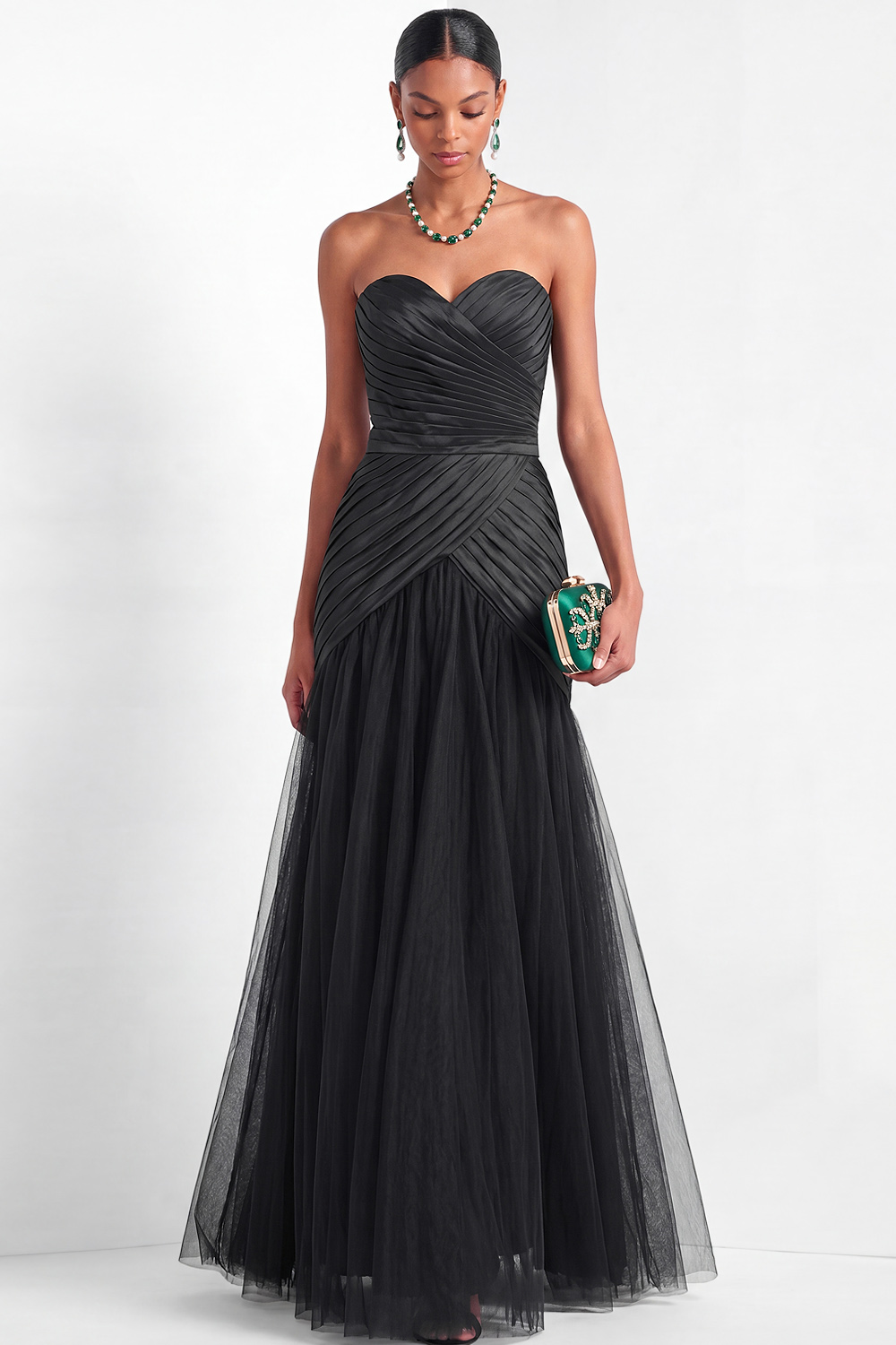Black Formal Dress Ruched Sweetheart Tulle Maxi Dress 