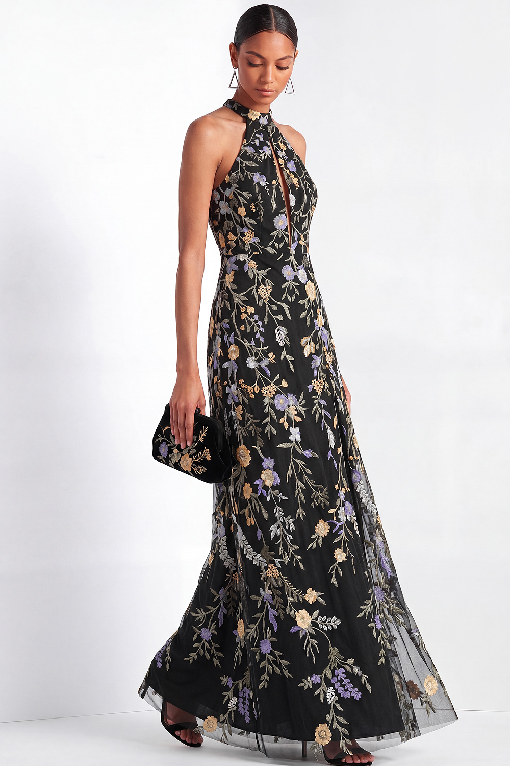 Black Floral Formal Dress Keyhole Tulle Embroidered Maxi Dress 