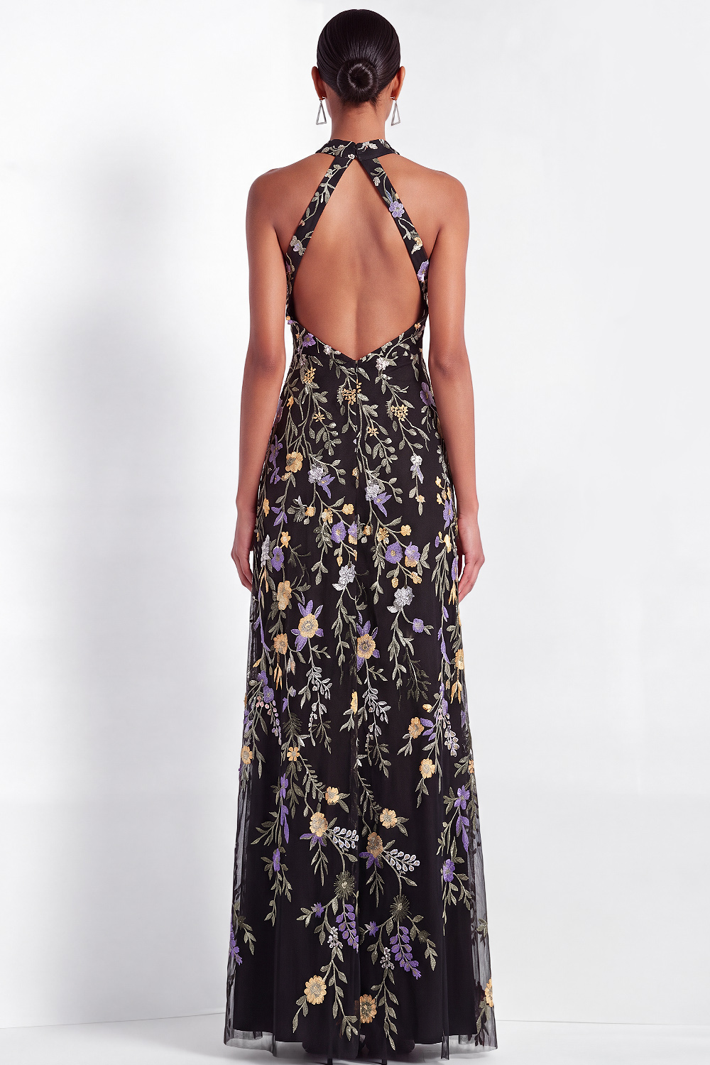 Black Floral Formal Dress Keyhole Tulle Embroidered Maxi Dress 