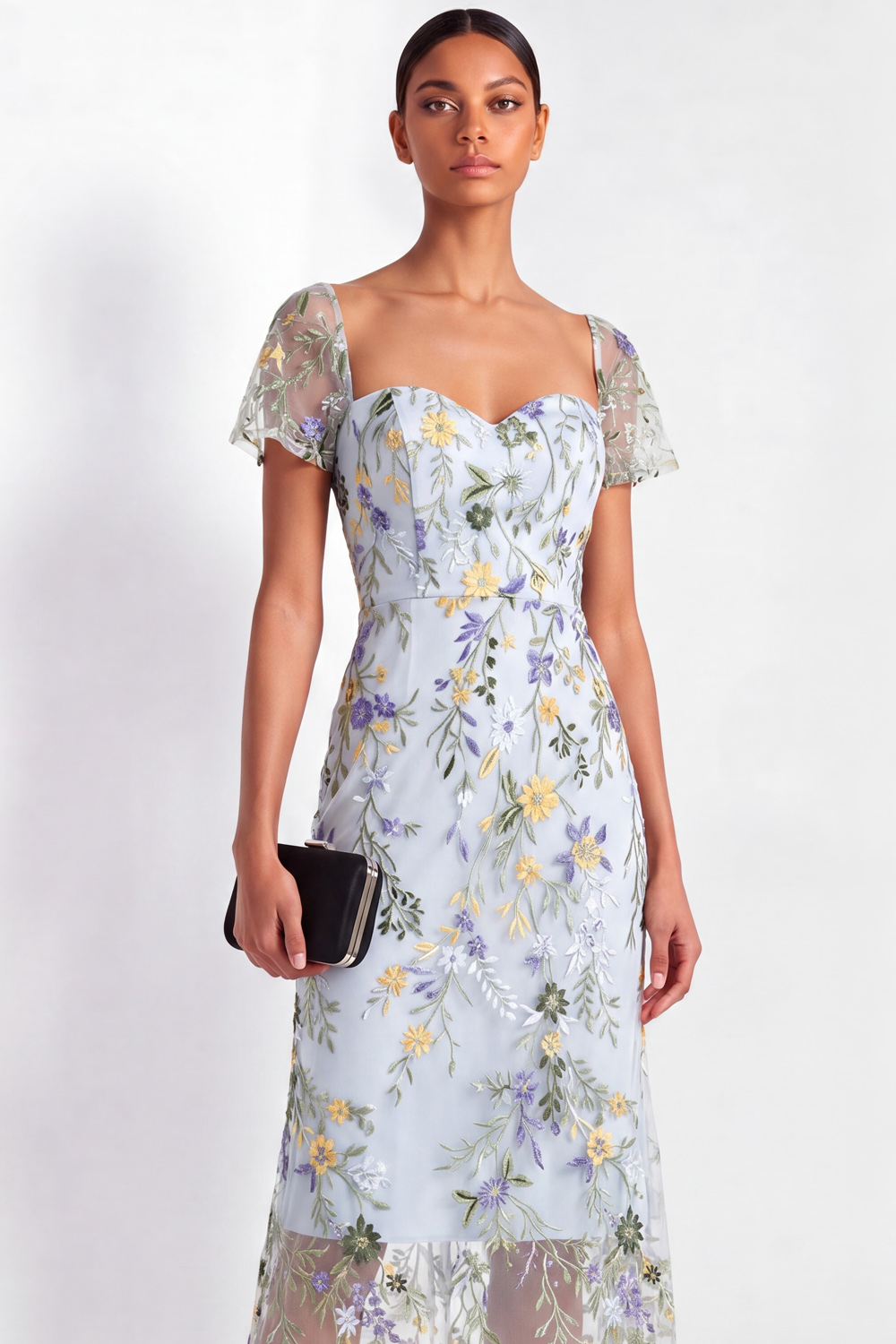 Black Floral Formal Dress Sheath Short Sleeve Tulle Embroidered Midi Dress -chiclody