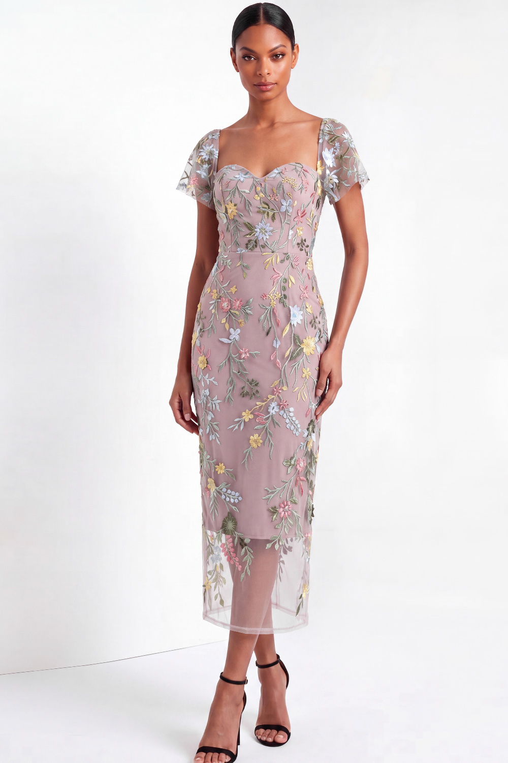 Black Floral Formal Dress Sheath Short Sleeve Tulle Embroidered Midi Dress -chiclody
