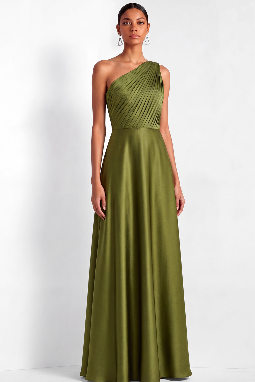 Green A-Line Formal Evening Dress Ruched One Shoulder Satin Maxi Dress