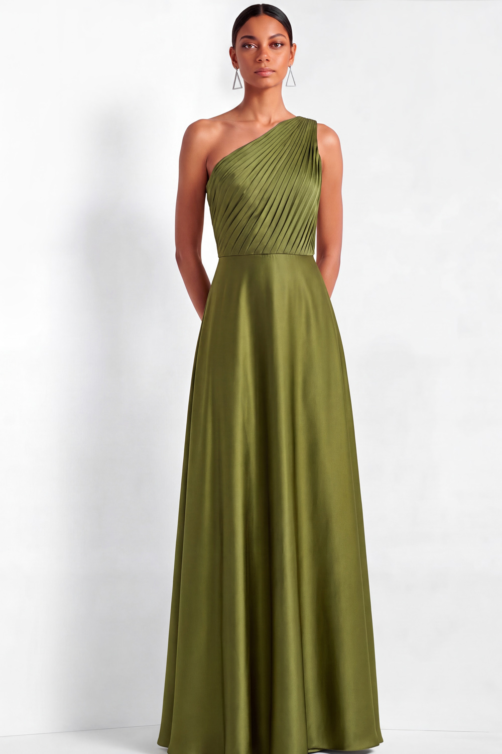 Green A-Line Formal Evening Dress Ruched One Shoulder Satin Maxi Dress