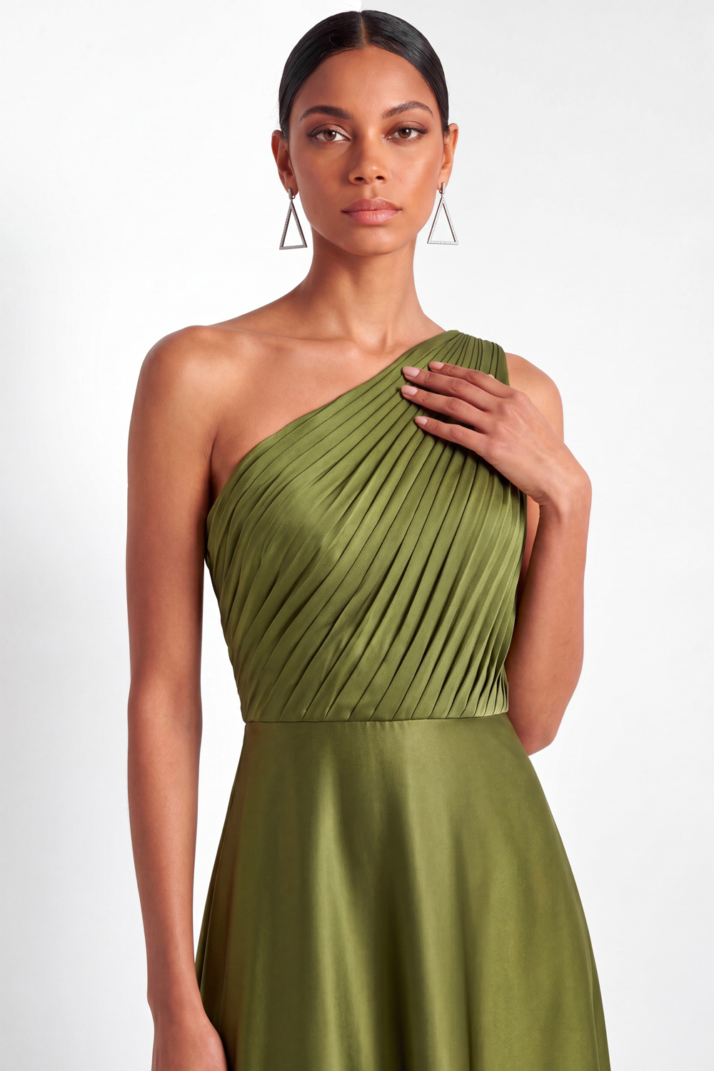 Green A-Line Formal Evening Dress Ruched One Shoulder Satin Maxi Dress
