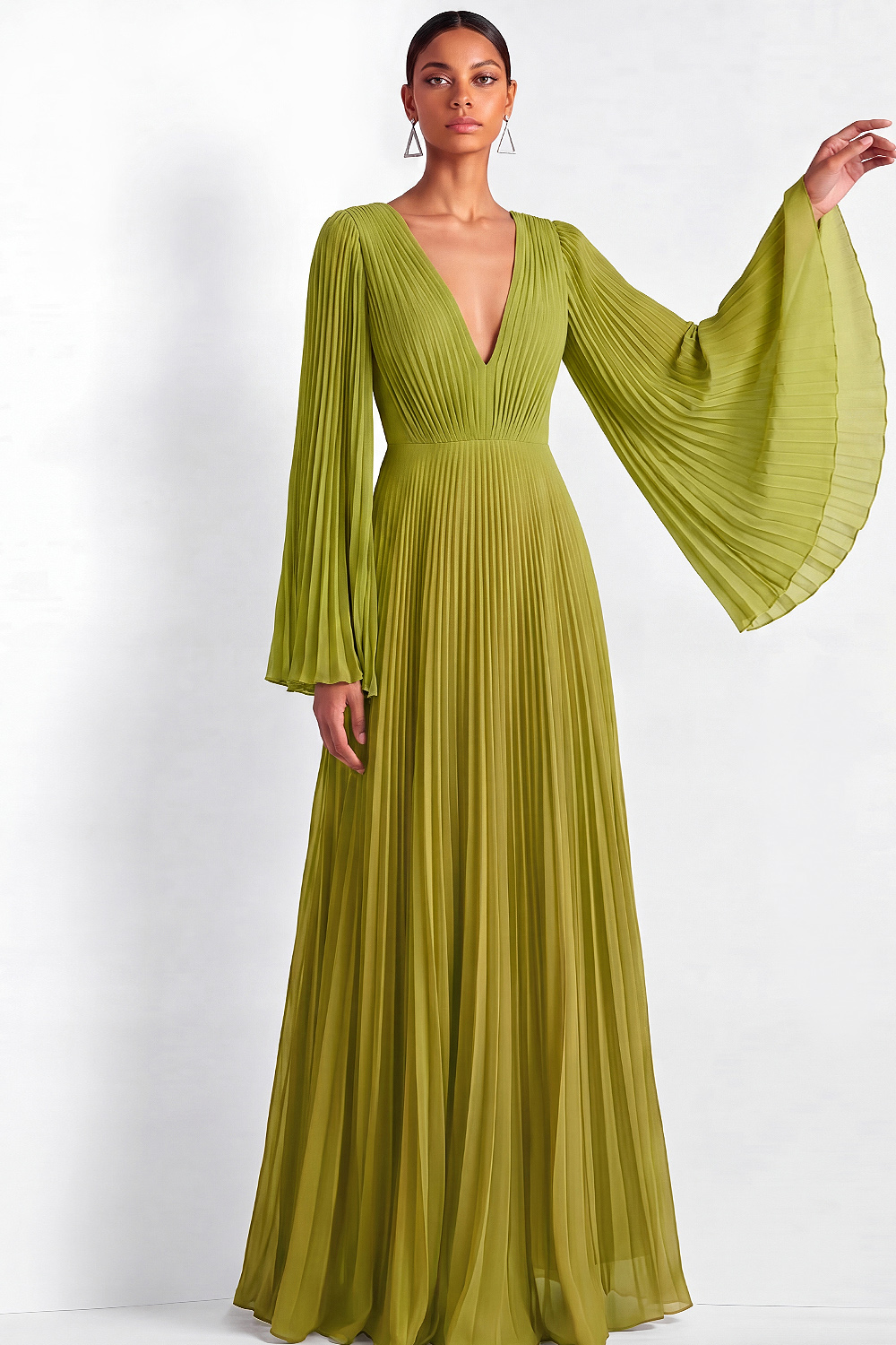 Green A-Line Formal Dress V-Neck Ruffle Sleeve Pleated Maxi Dress