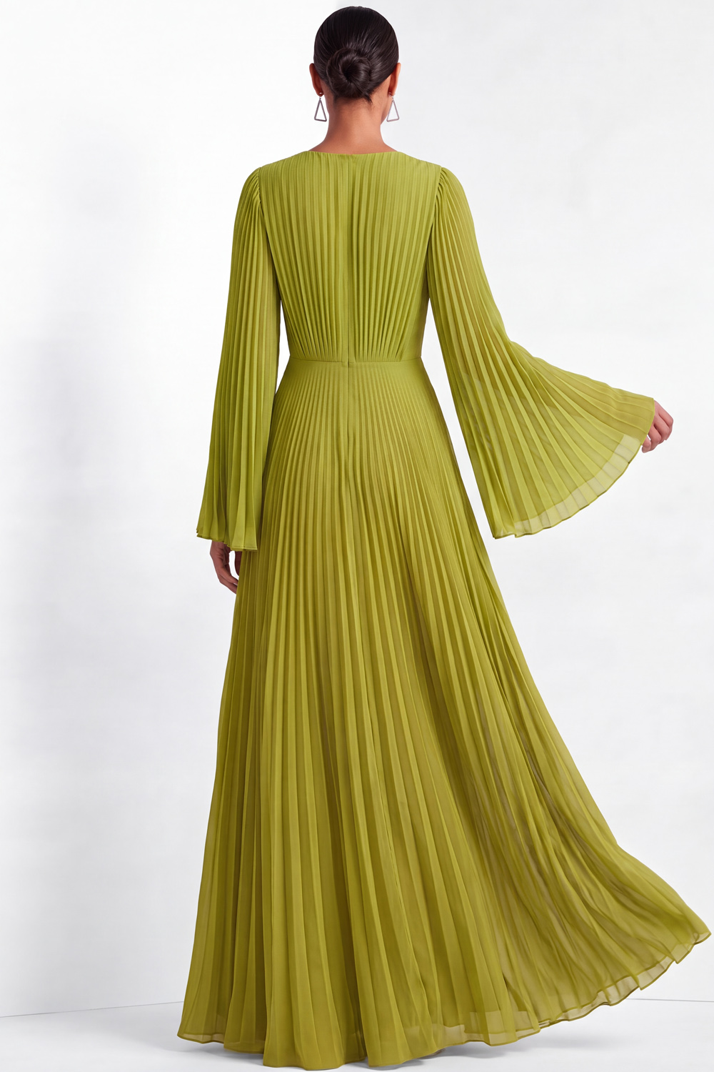 Green A-Line Formal Dress V-Neck Ruffle Sleeve Pleated Maxi Dress