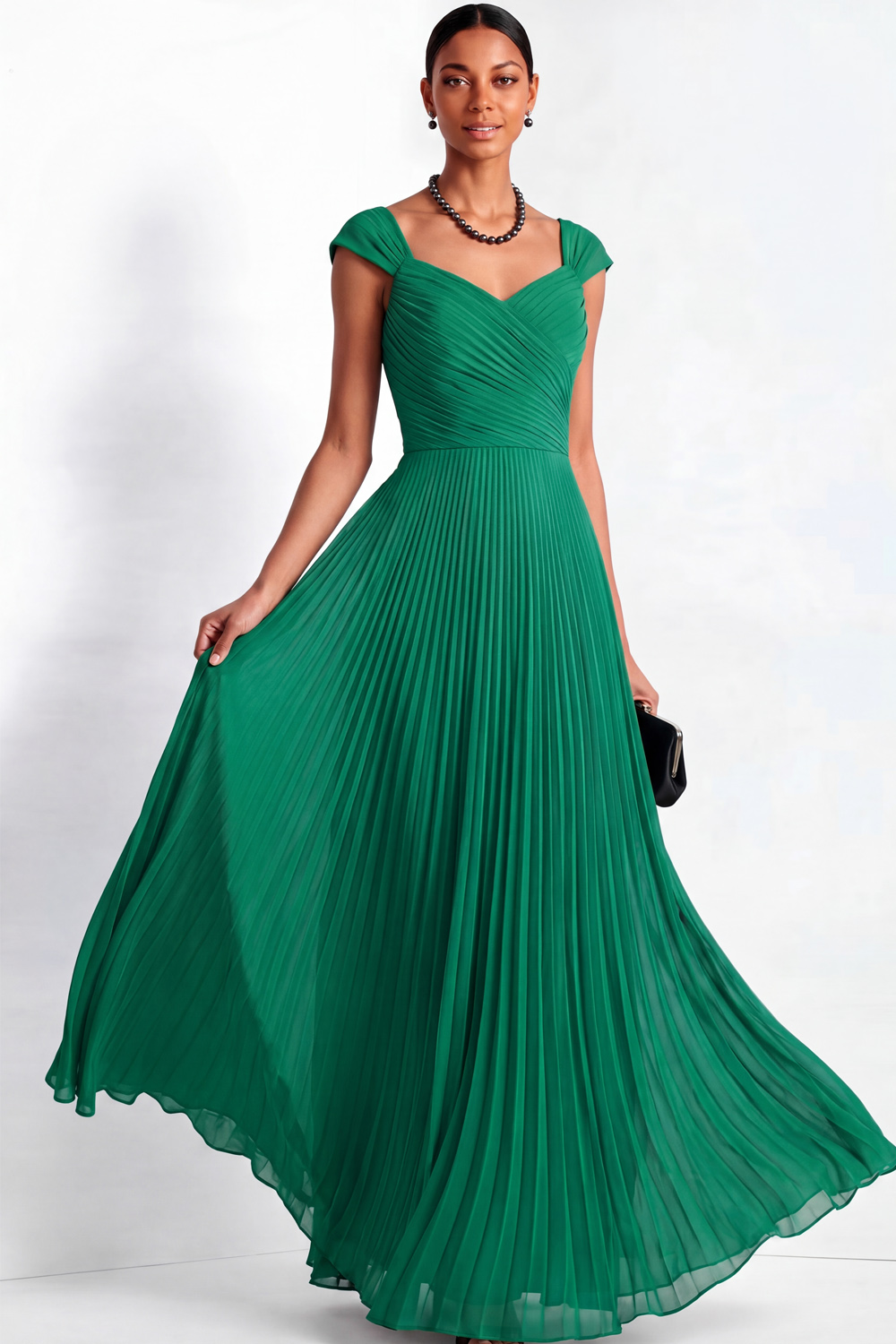 Green Formal Dress A-Line Square Neck Pleated Maxi Dress