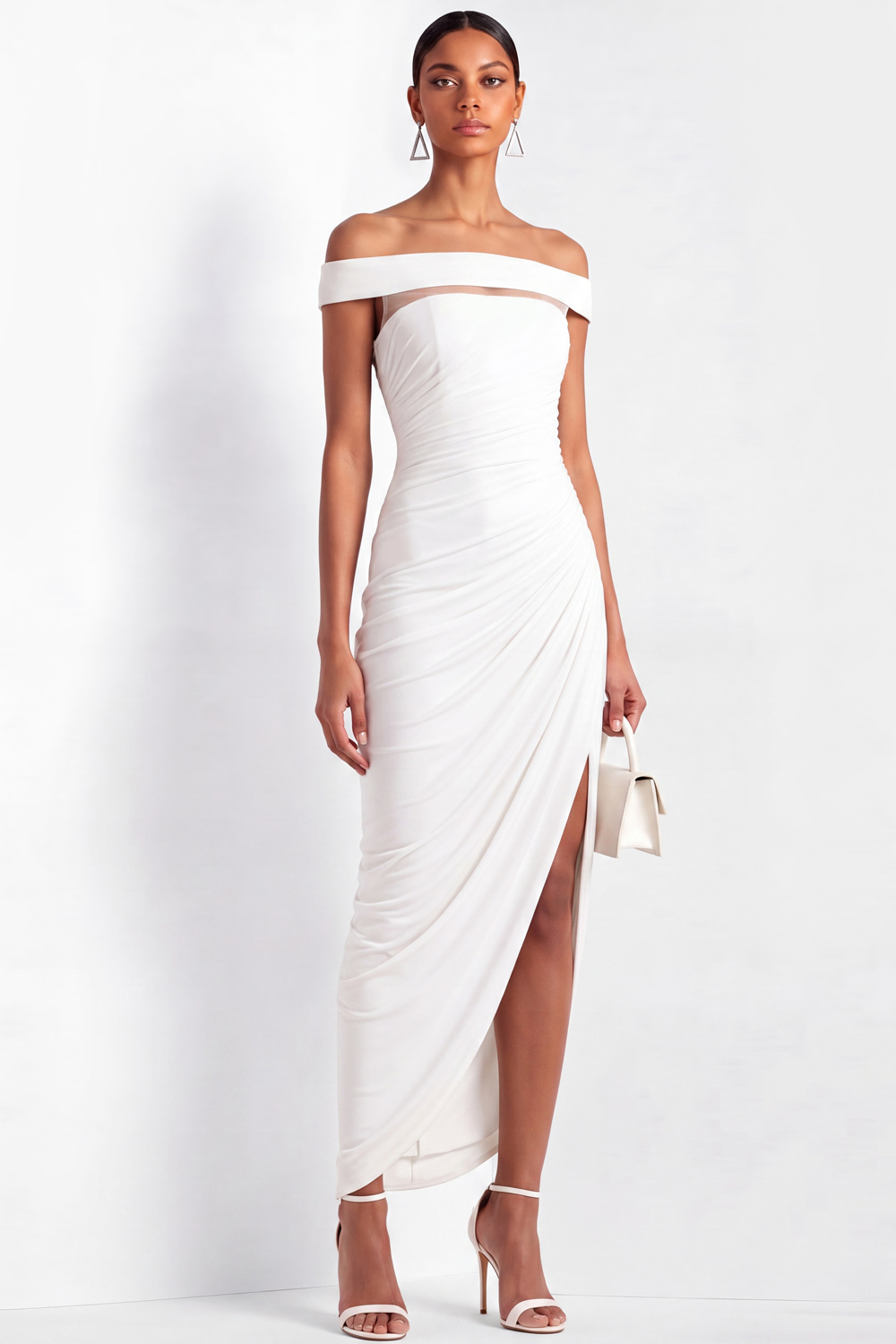 White Sheath Formal Dress Off the Shoulder Ruched Maxi Dress with Slit