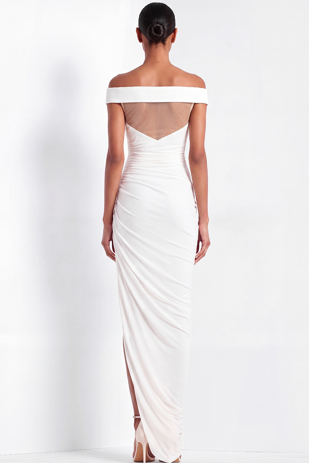 White Sheath Formal Dress Off the Shoulder Ruched Maxi Dress with Slit