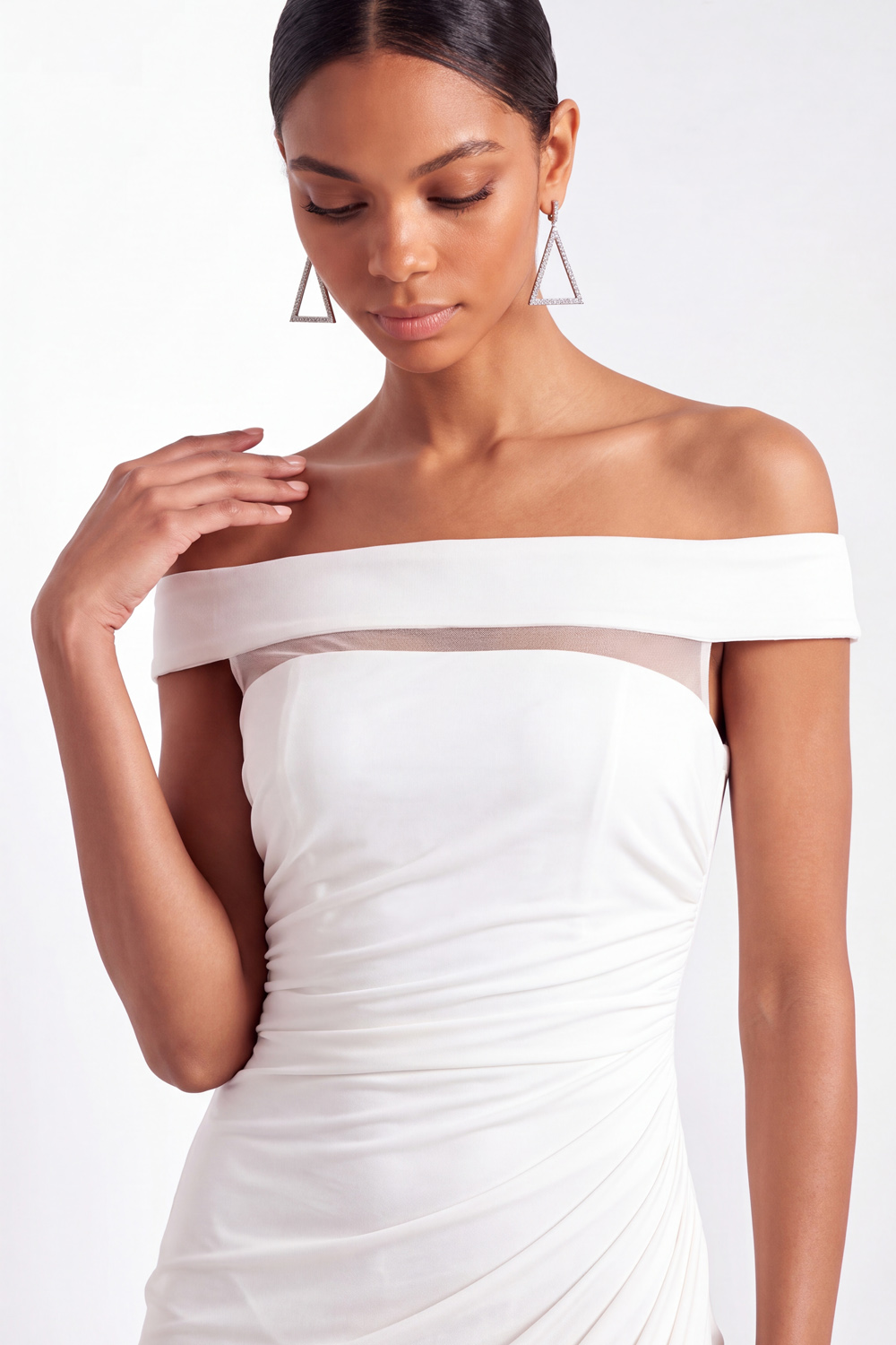 White Sheath Formal Dress Off the Shoulder Ruched Maxi Dress with Slit