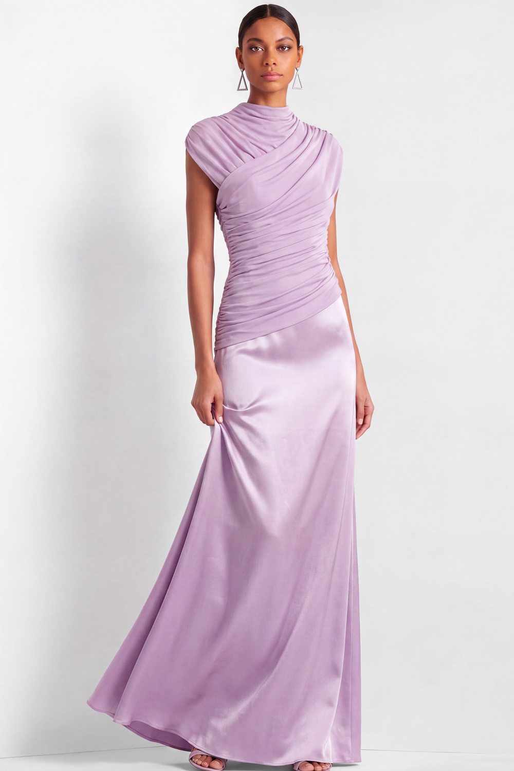Lilac Formal Dress A-Line High Neck Ruched Satin Maxi Dress 