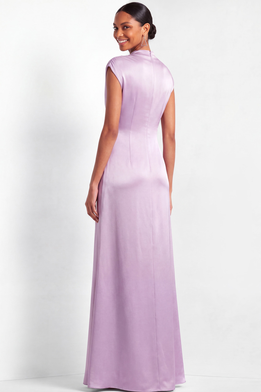 Lilac Formal Dress A-Line High Neck Ruched Satin Maxi Dress 