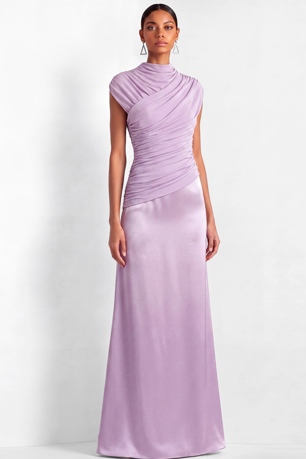 Lilac Formal Dress A-Line High Neck Ruched Satin Maxi Dress 