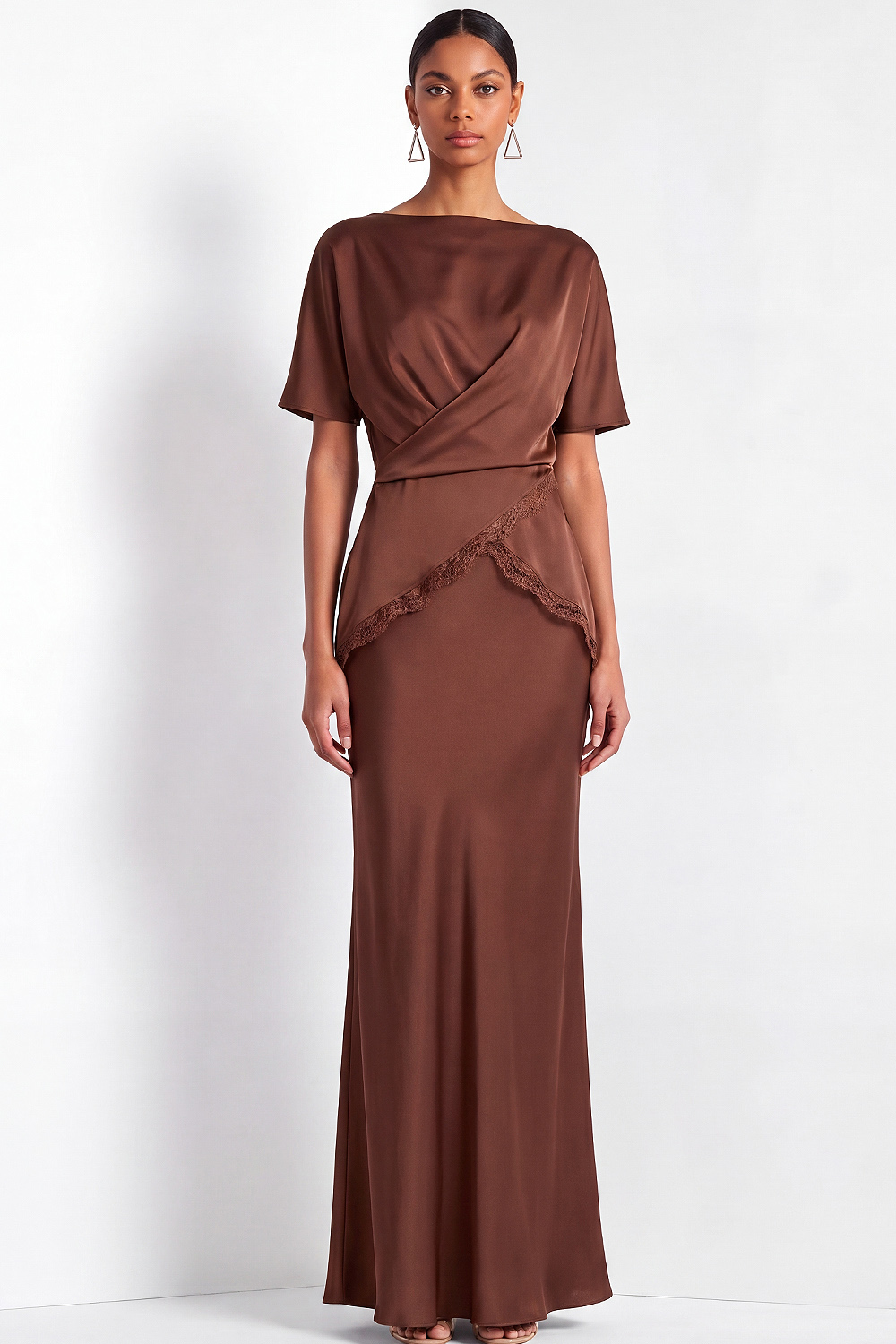 Brown Mermaid Formal Dress Crew Neck Ruched Maxi Dress with Lace
