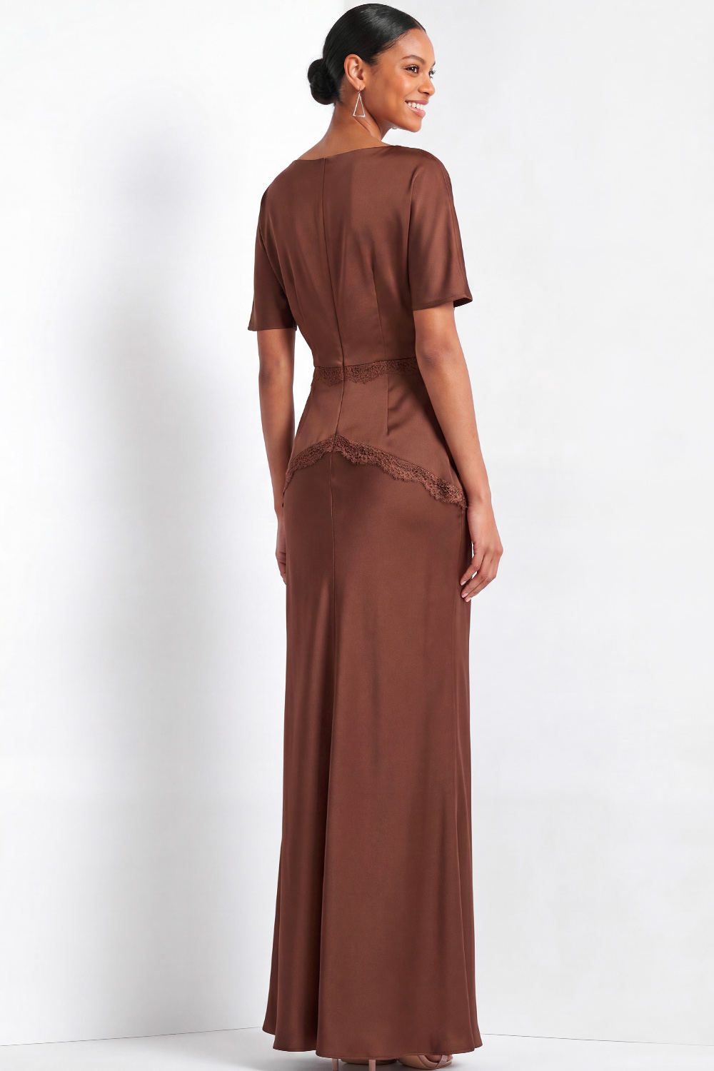 Brown Mermaid Formal Dress Crew Neck Ruched Maxi Dress with Lace