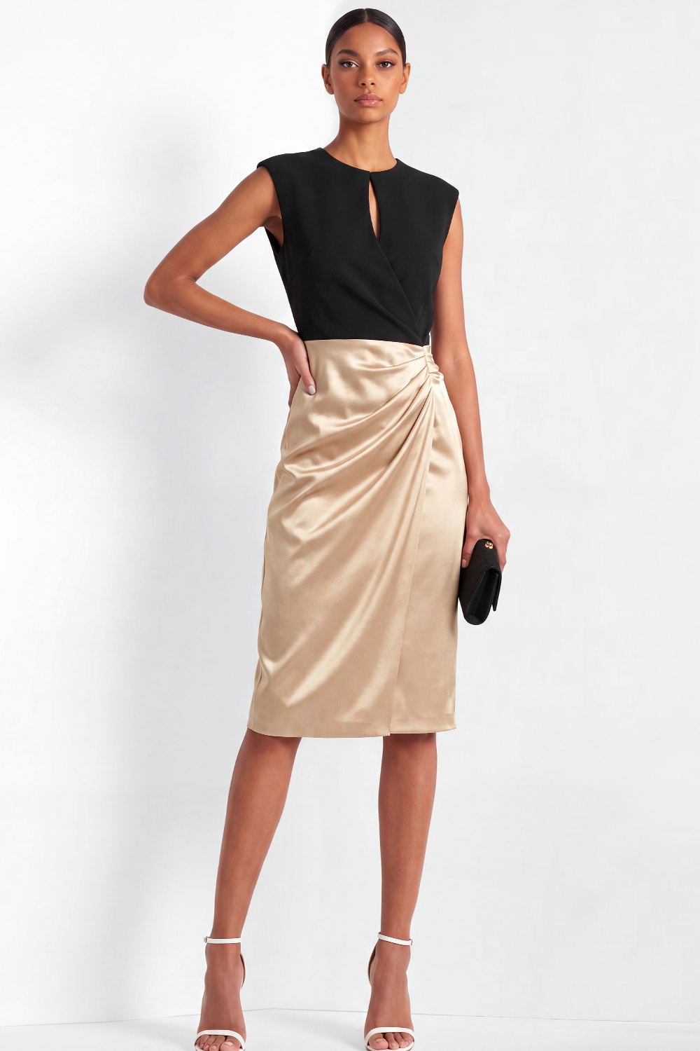 Champagne Work Dress Round Neck Sheath Ruched Satin Midi Dress 
