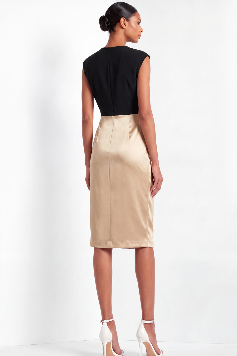 Champagne Work Dress Round Neck Sheath Ruched Satin Midi Dress 