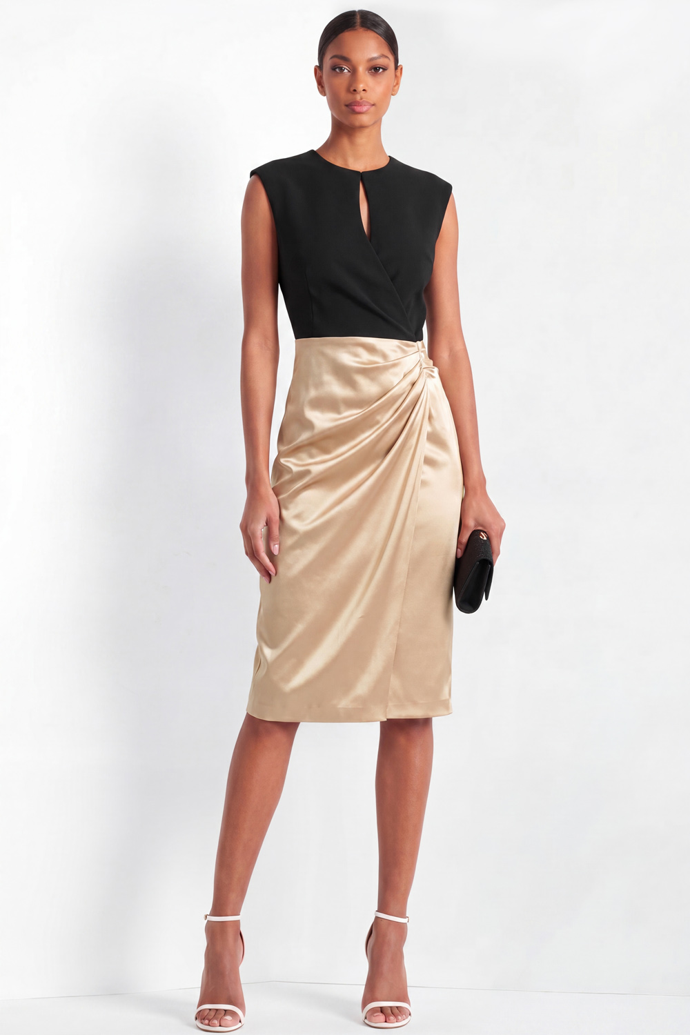 Champagne Work Dress Round Neck Sheath Ruched Satin Midi Dress 