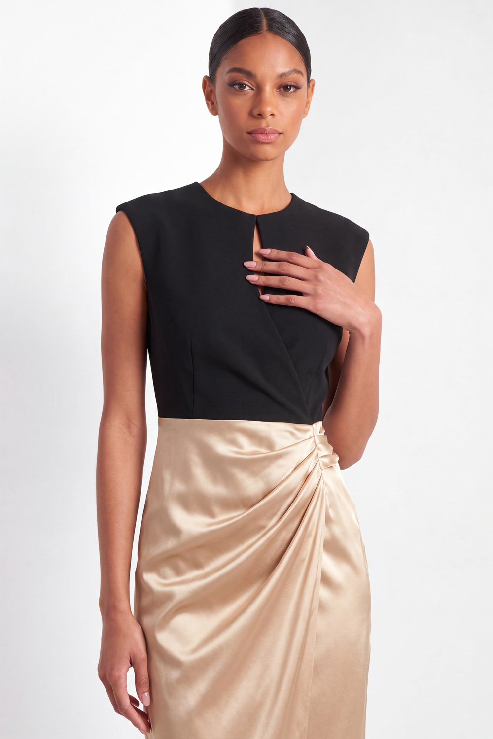 Champagne Work Dress Round Neck Sheath Ruched Satin Midi Dress 