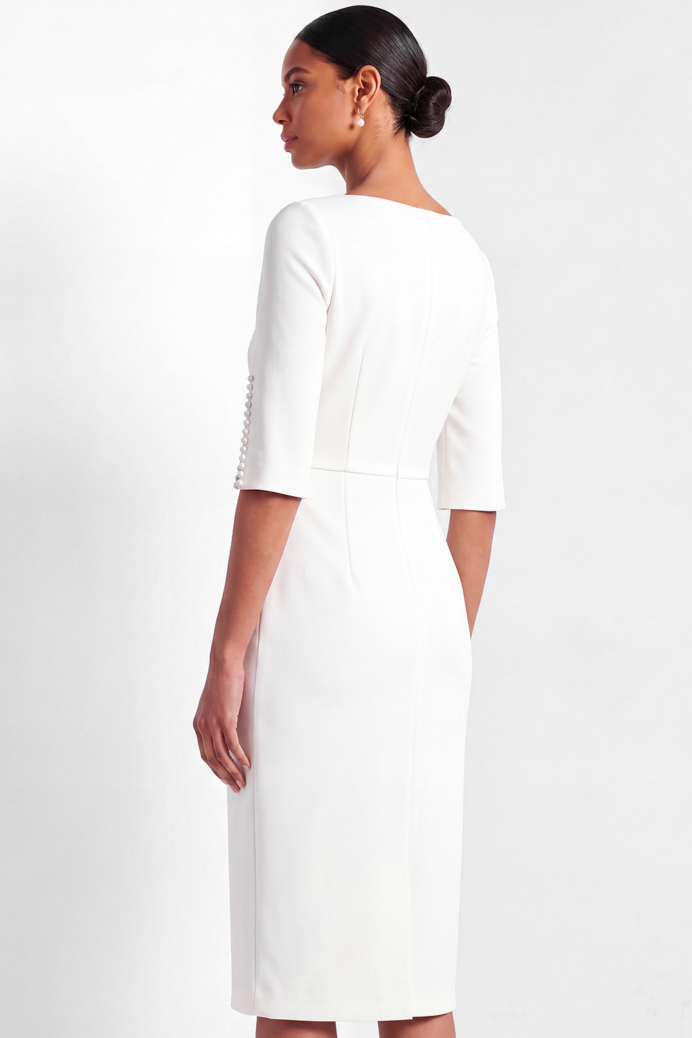 White Work Dress Crew Neck Sheath Slit Sleeve Midi Dress -chiclody