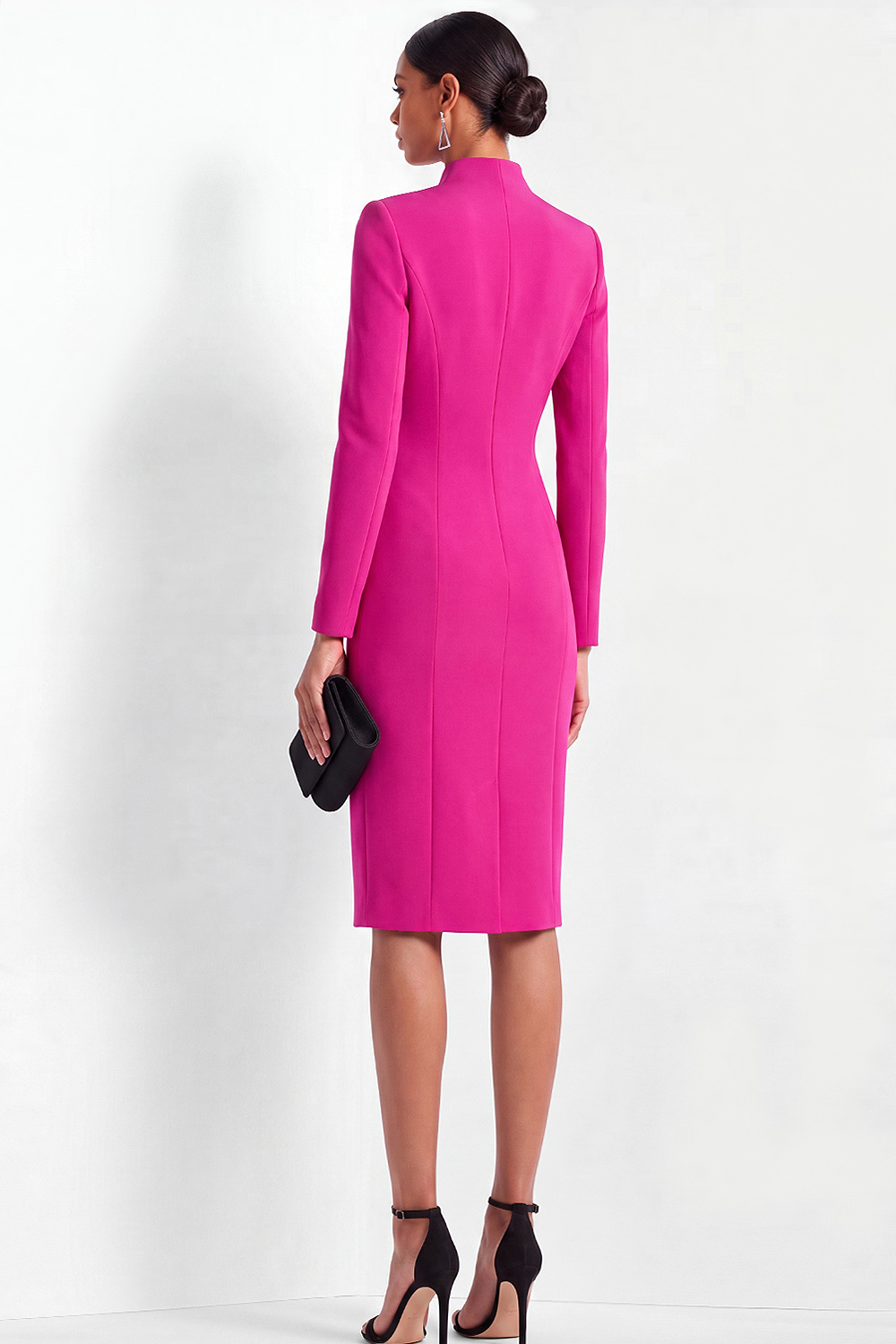 Fuchsia Work Dress Stand Collar Bodycon Long Sleeve Midi Dress 