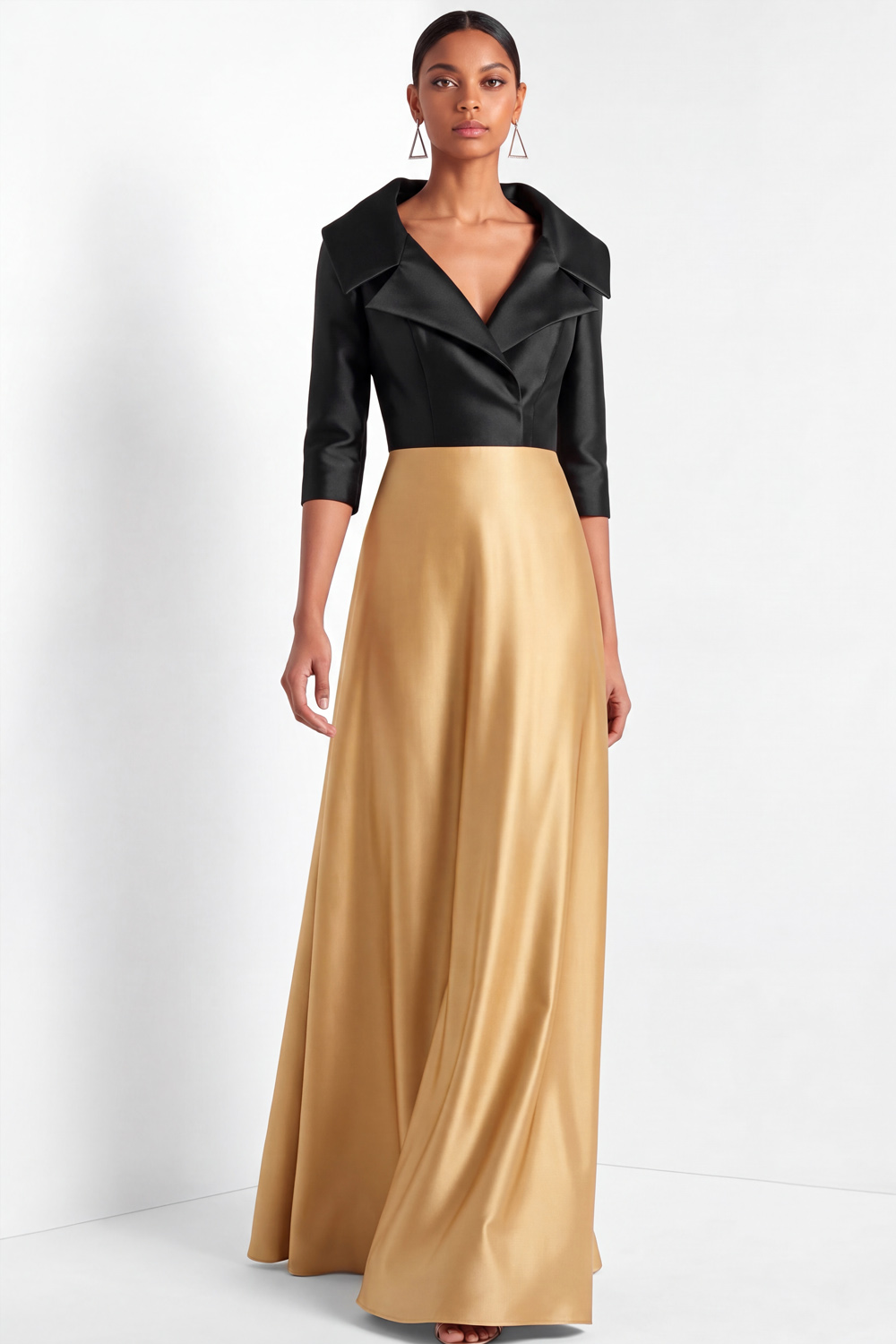 Golden Formal Evening Dress Lapel A-Line Satin Maxi Dress 