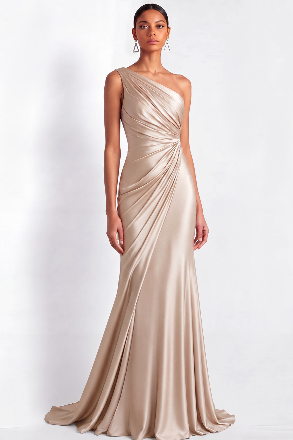 Champagne Formal Evening Dress One Shoulder Ruched Satin Maxi Dress 