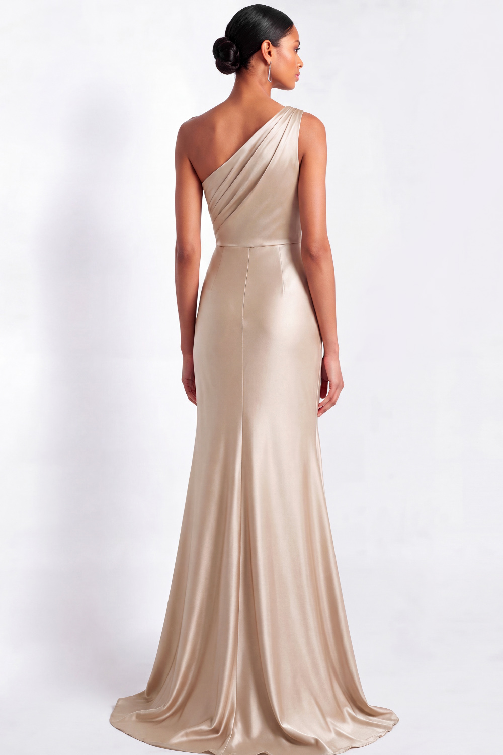Champagne Formal Evening Dress One Shoulder Ruched Satin Maxi Dress 