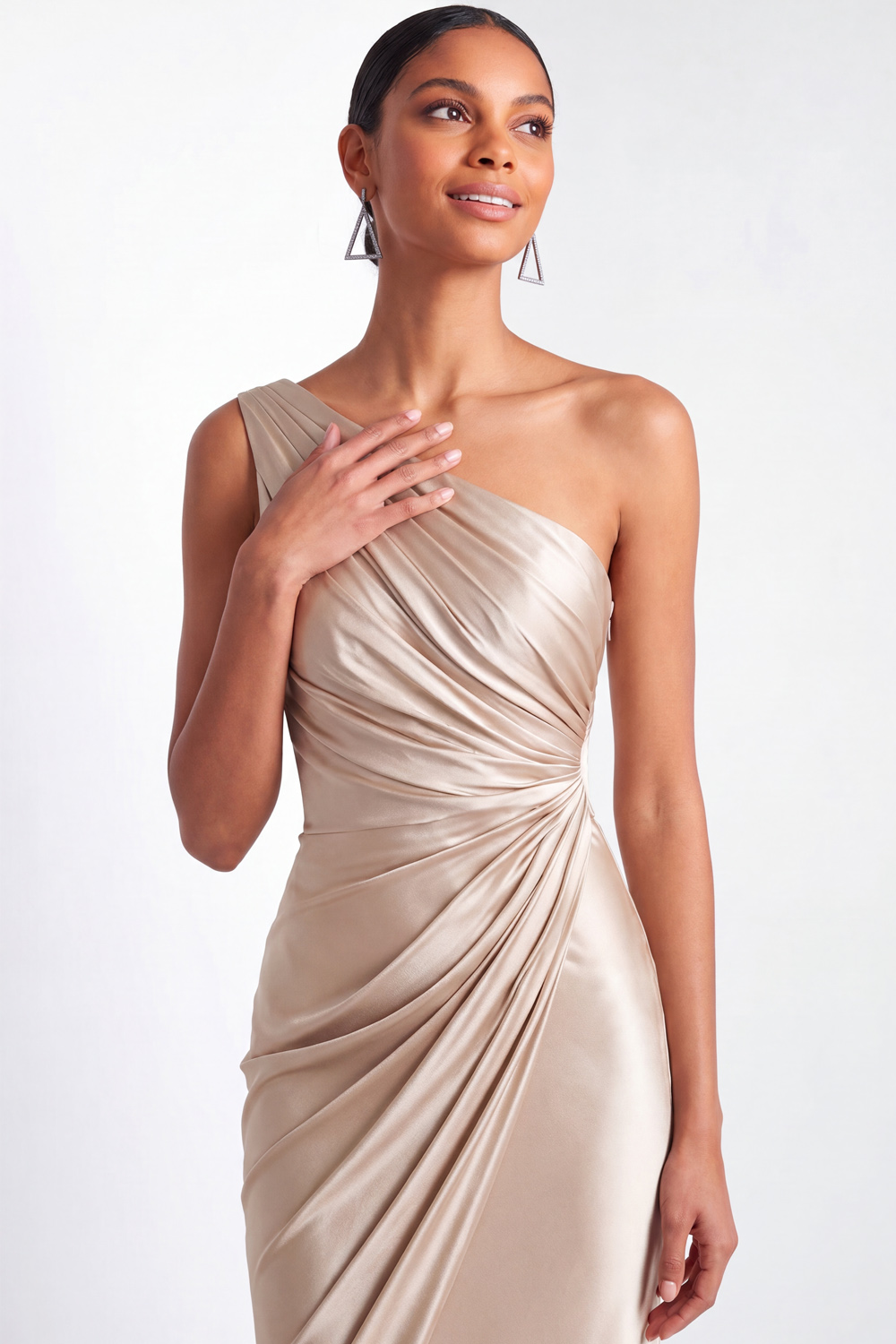 Champagne Formal Evening Dress One Shoulder Ruched Satin Maxi Dress 