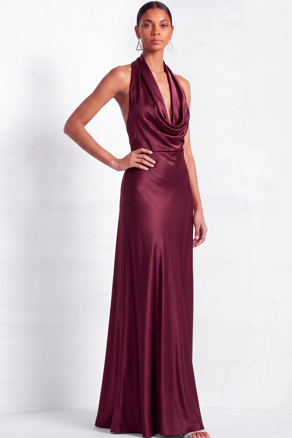 The Grace | Champagne Cowl Neck Satin Maxi Formal Dress | Chiclody