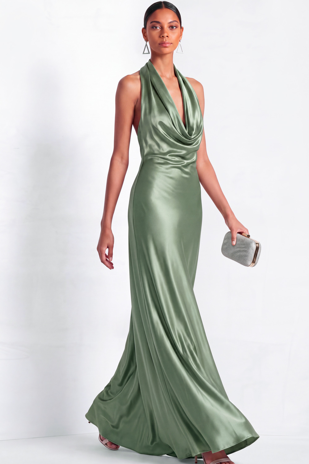 The Grace | Champagne Cowl Neck Satin Maxi Formal Dress | Chiclody