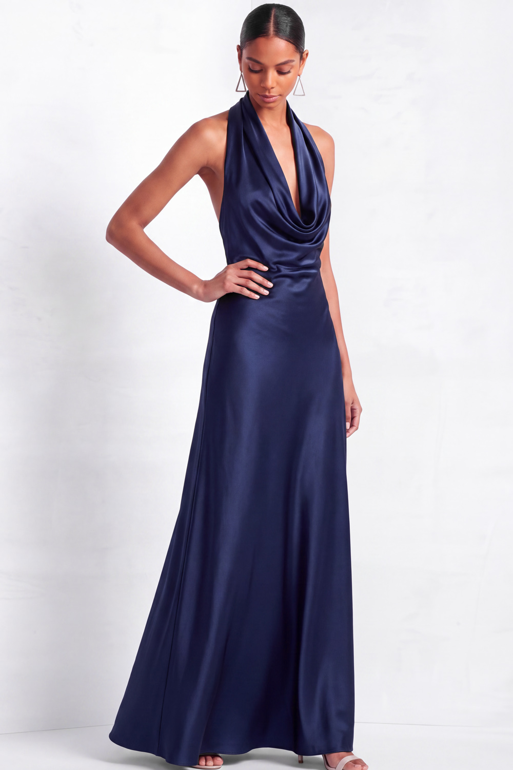 The Grace | Champagne Cowl Neck Satin Maxi Formal Dress | Chiclody